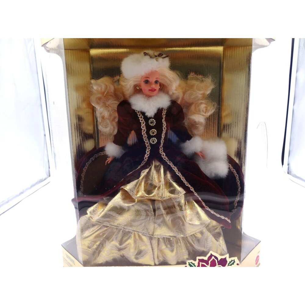 Happy Holidays Barbie Special Edition Doll In Box With Burgundy Velvet & Gold Go